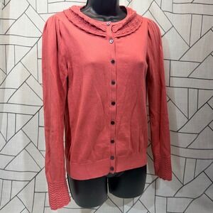 Boden Coral Pink Ruffle Collar Pointelle Knit Cardigan Sweater US 6 UK 10‎